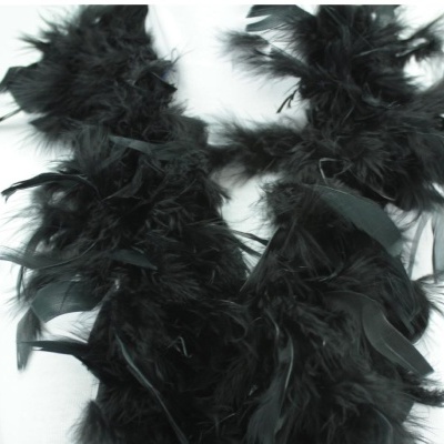 Boa de penas preta macia e volumosa sobre fundo branco