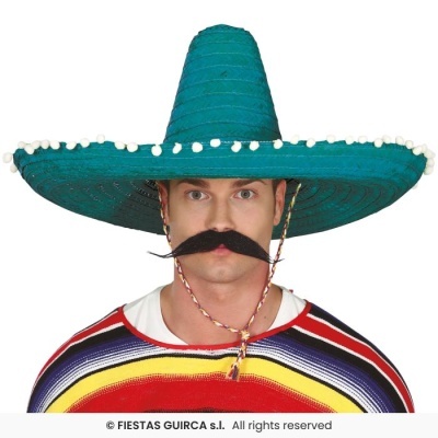 Homem a usar chapéu mexicano verde e poncho colorido