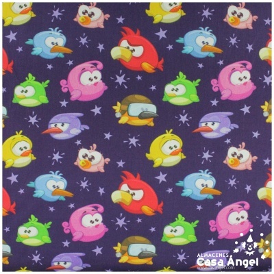 Pano padrão com pássaros coloridos em fundo roxo escuro