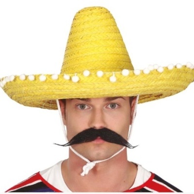 Pessoa a usar chapéu sombrero amarelo com pompons brancos e bigode falso