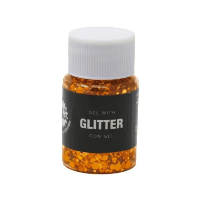 Frasco pequeno com gel laranja e purpurinas douradas e etiqueta preta com texto