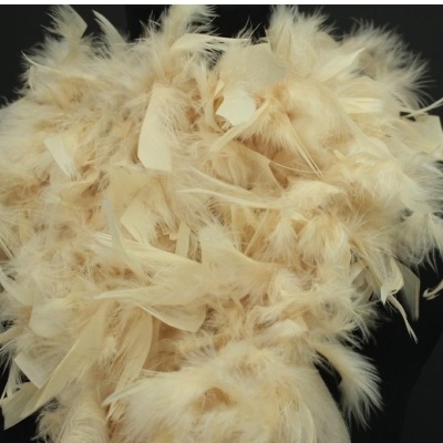 Cachecol fofo de penas bege claro sobre fundo preto