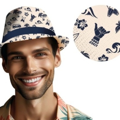 Chapéu branco com padrão azul tropical e frase GOOD VIBES