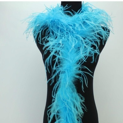 Estola de penas azul clara sobre manequim preto