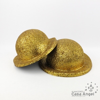 Dois chapéus de festa dourados de glitter com formato clássico em fundo branco