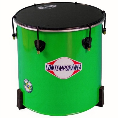 Tambor musical verde com pele preta e fixações pretas