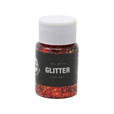Frasco de gel com glitter vermelho e tampa branca