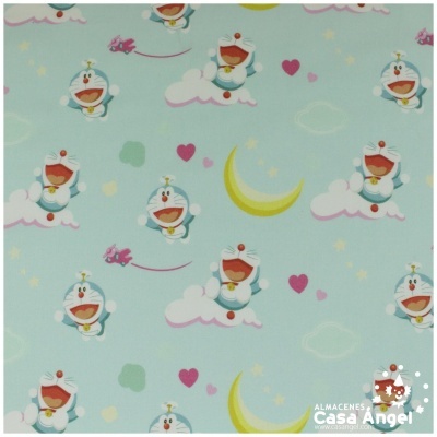 tecido estampado com personagens de desenho animado e elementos celestes num fundo azul celeste