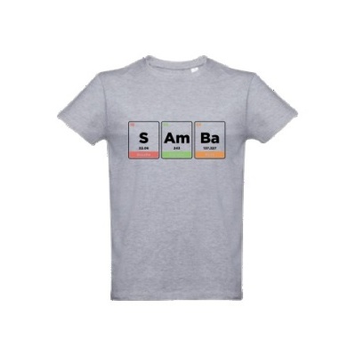 Camisola cinzenta com símbolos químicos da tabela periódica S, Am, Ba