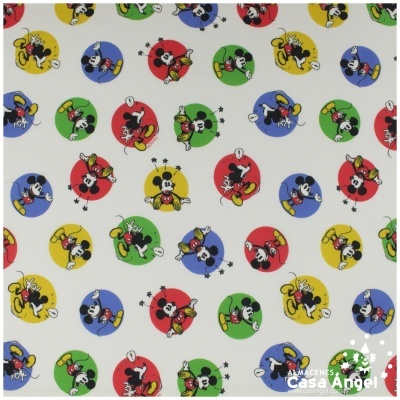 Papel de embrulho branco com padrão colorido de personagens semelhantes a Mickey Mouse em círculos