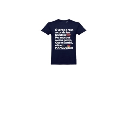 Camiseta azul escura com texto branco e elementos coloridos