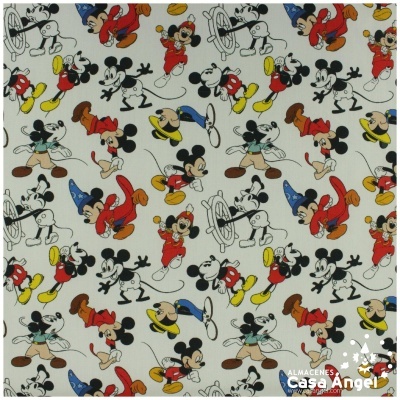 Pano com padrão colorido do Mickey Mouse em várias poses sobre fundo branco.