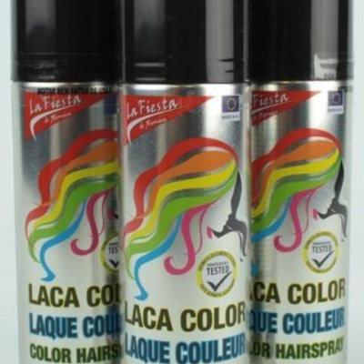 Três latas prateadas de spray de cabelo colorido com tampas pretas e rótulo com cabelo colorido em arco-íris.