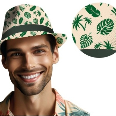 Chapéu bege estampado com folhas verdes e faixa preta