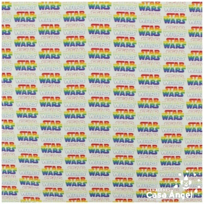 Papel de embrulho branco com padrão do logótipo colorido STAR WARS