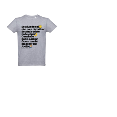 T-shirt cinzenta com texto e símbolos do sol, lua e mãos a rezar na frente