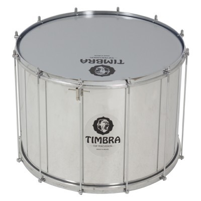 Tambor de percussão metálico prateado com marca TIMBRA