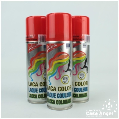 Três latas spray tinta colorida com tampas vermelhas e rótulos prateados coloridos.