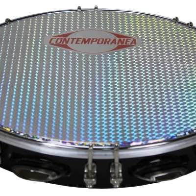 Pandeiro com pele prateada holográfica e aro preto