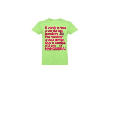 T-shirt verde com texto rosa sobre fundo branco