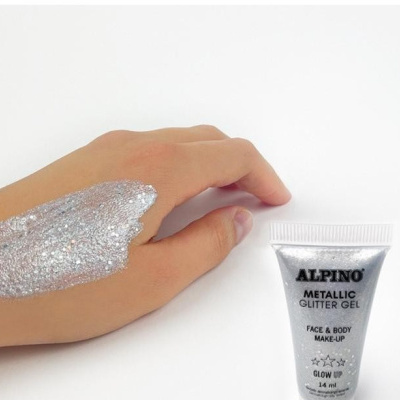 Tubo de gel glitter metálico ALPINO com amostra aplicada numa mão