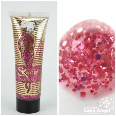 Tubo transparente de gel glitter rosa com embalagem preta e dourada