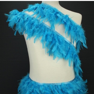 Roupa azul claro com penas num manequim branco