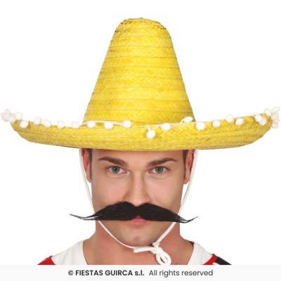 Chapéu amarelo tipo sombrero com bolas brancas e bigode falso preto