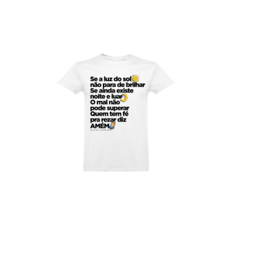 Camiseta branca com texto preto e emojis