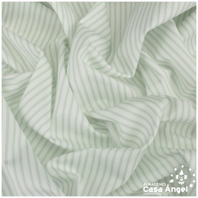 Tecido riscado verde claro e branco com textura suave e logótipo Casa Angel