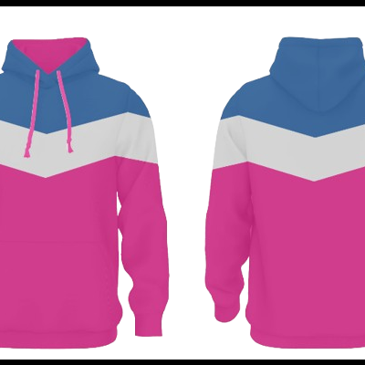 Camisola com capuz azul, branco e rosa com padrão chevron