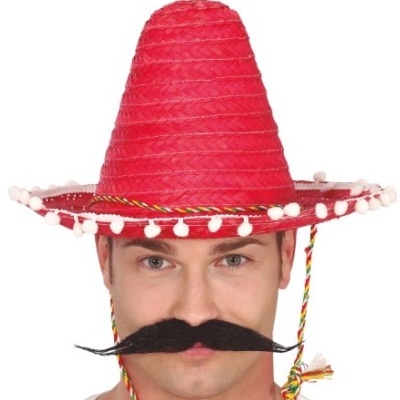 Chapéu sombrero vermelho com bolas brancas na aba e bigode falso preto