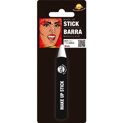 Embalagem de maquilhagem em bastão preto com texto branco e imagem colorida de rosto