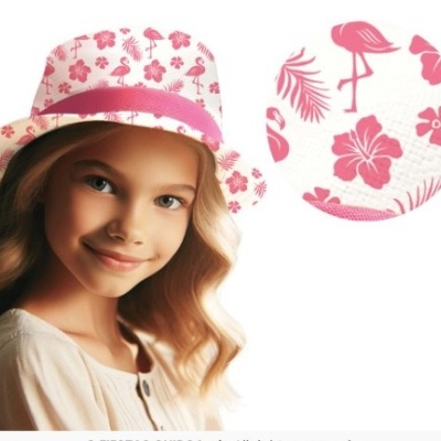 Chapéu branco com padrão cor-de-rosa de flamingos, folhas e flores