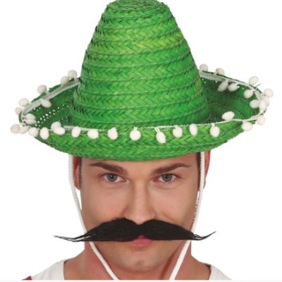 Homem a usar chapéu de palha verde com bolas brancas e bigode preto postiço