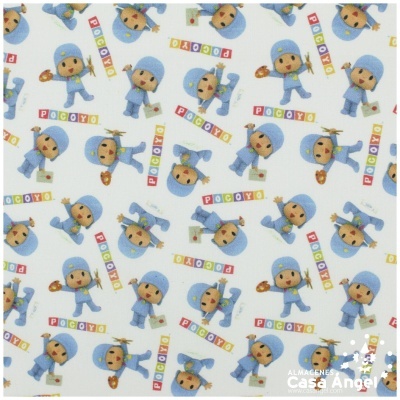 Papel de parede infantil com padrão do personagem Pocoyo em azul sobre fundo branco