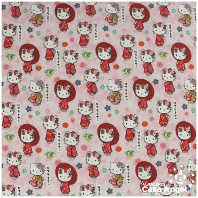 Tecido com padrão repetitivo de personagens tipo Hello Kitty em roupas tradicionais vermelhas sobre fundo rosa