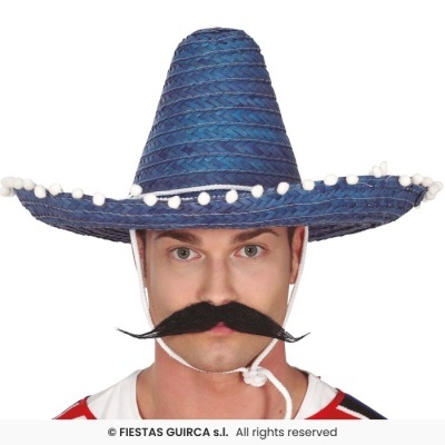 Homem com sombrero azul e bigode falso