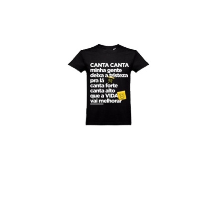 T-shirt preta com texto branco e amarelo e dois desenhos de rostos sorridentes