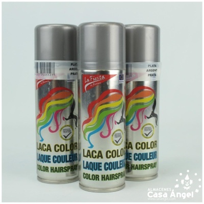 Três latas de spray de cabelo colorido com rótulo metálico e texto em várias cores