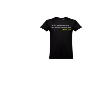 T-shirt preta com texto em branco e amarelo no peito