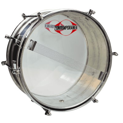 Bateria musical com aro metálico e pele transparente com logo CONTEMPORÂNEA