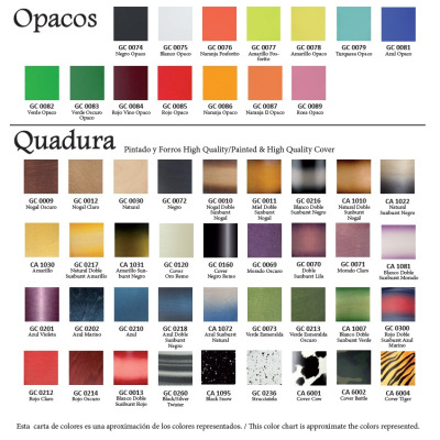 Carta de cores Opacos e Quadura com vários acabamentos e padrões