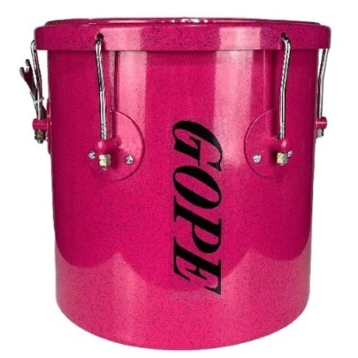 Tambor rosa brilhante com a palavra GOPE em preto