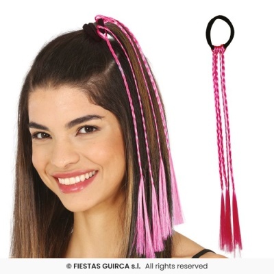 Elástico de cabelo preto com fitas trançadas cor-de-rosa e rosa claro