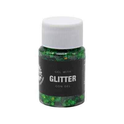 Frasco pequeno com gel verde e glitter e rótulo preto