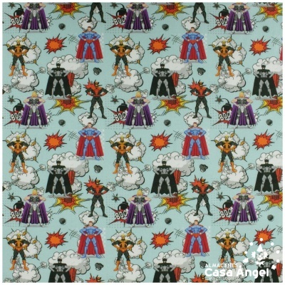 Tecido estampado com personagens de banda desenhada super-heróis e texto BOOM