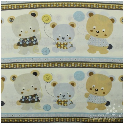 tecido com padrão de ursos e balões em cores suaves