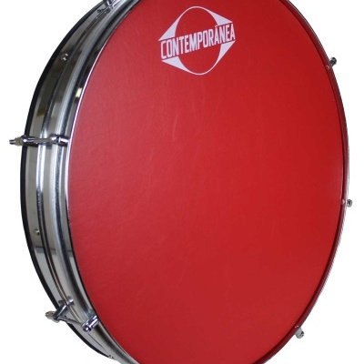 Tambor vermelho com aro metálico e texto CONTEMPORÂNEA