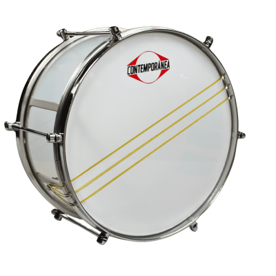 Tambor de percussão branco com estrutura metálica prateada e logo CONTEMPORÂNEA